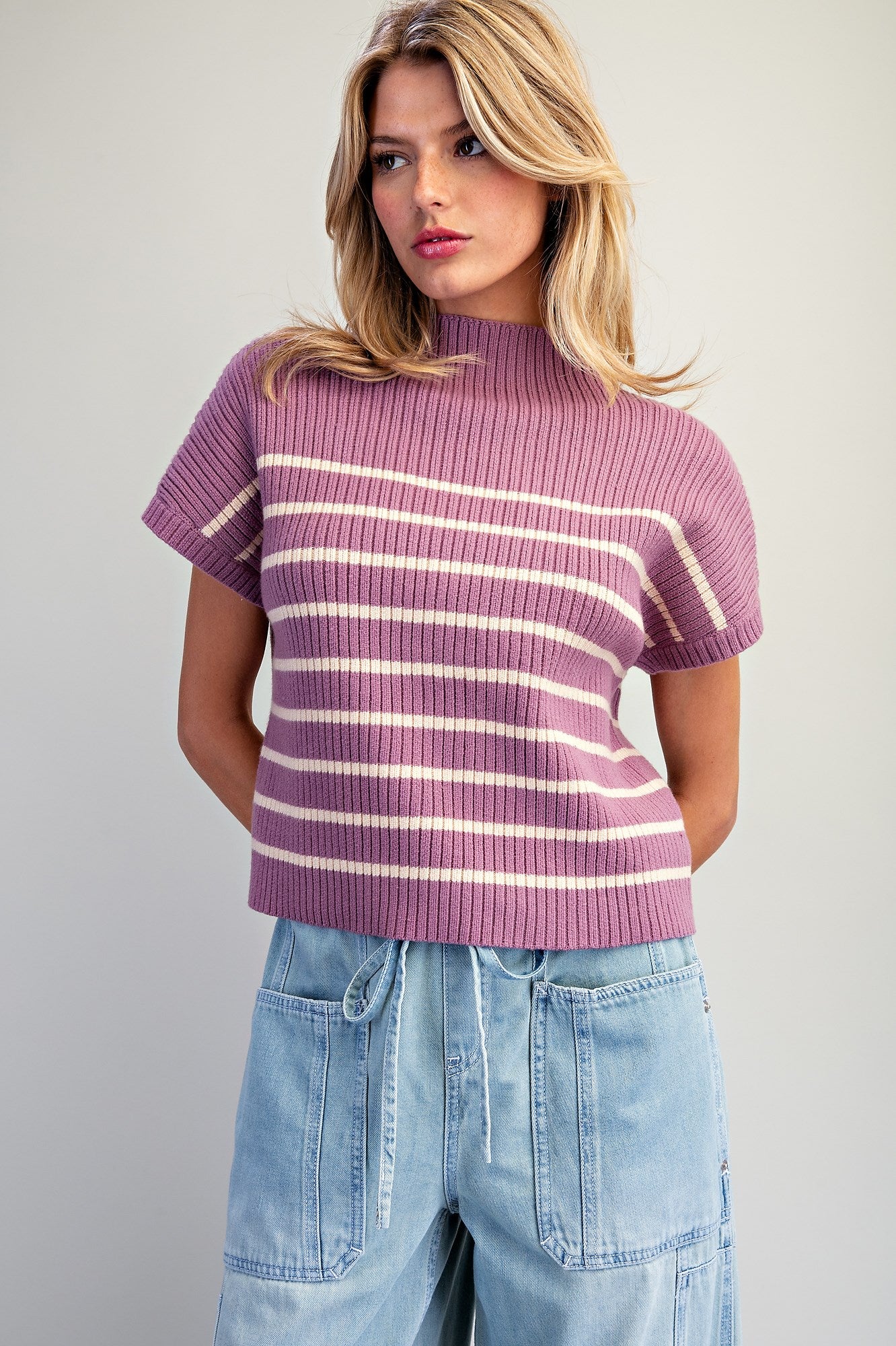 Plum Striped Mock Neck Sweater