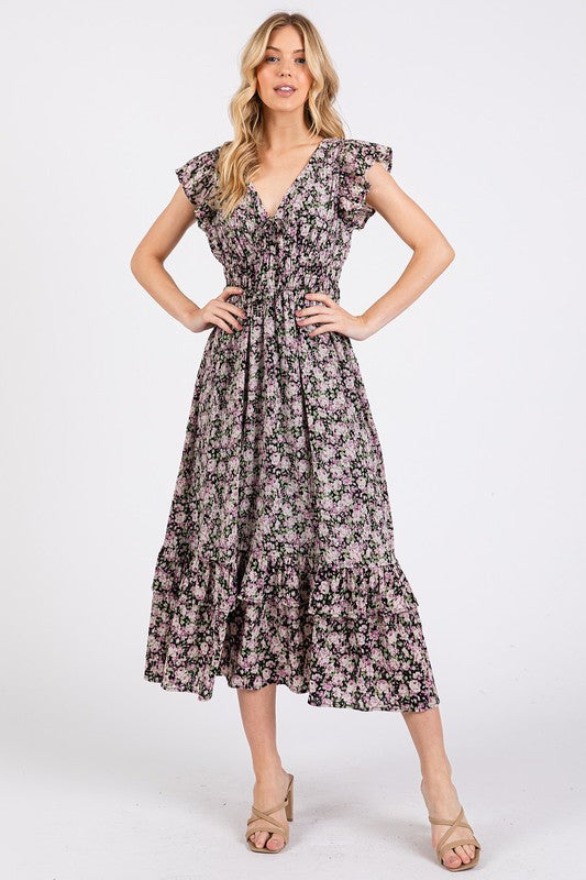 Black Floral Print Ruffle Dress