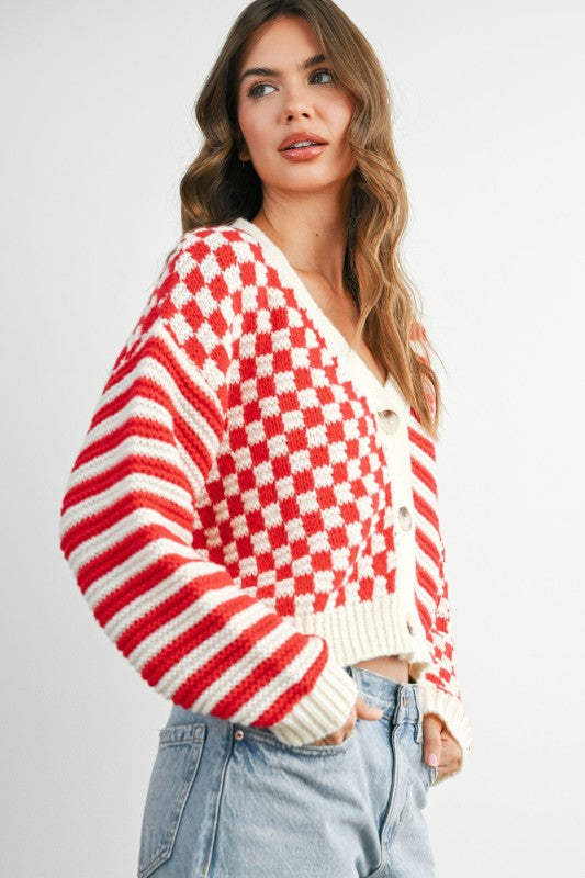 Ivory/Raspberry Striped Cardi