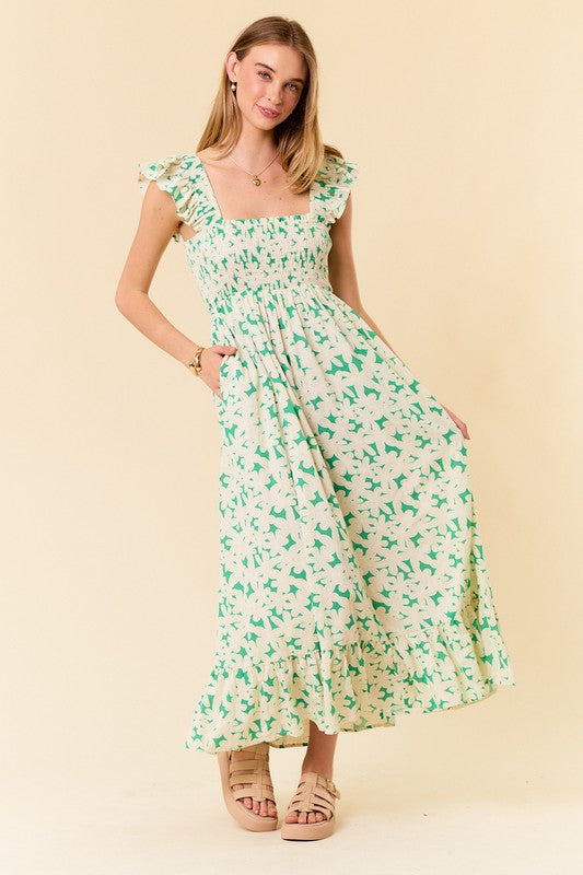 Green Smocked Floral Dress- Arrives 4.19