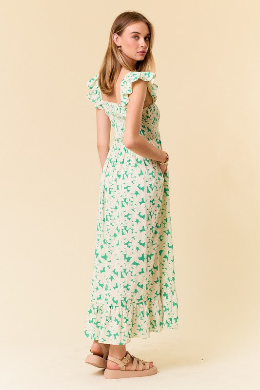 Green Smocked Floral Dress- Arrives 4.19