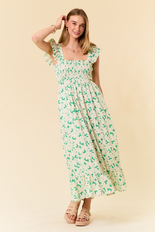 Green Smocked Floral Dress- Arrives 4.19