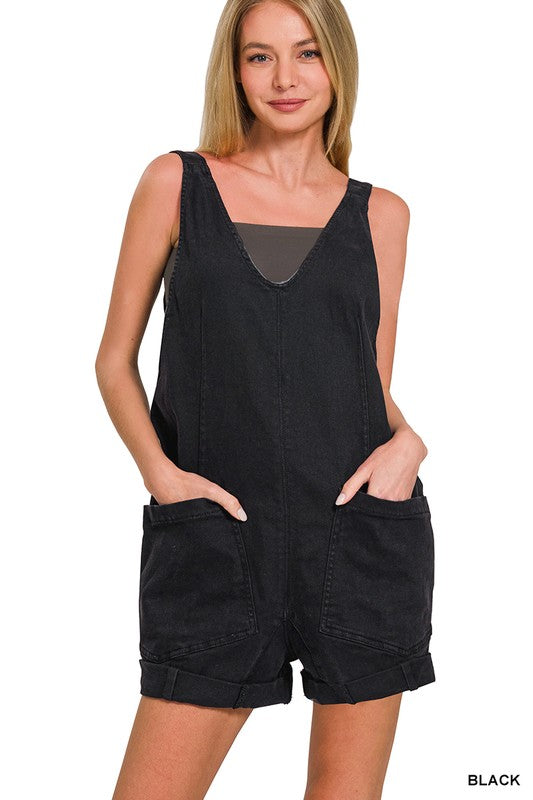Washed Black Denim Wide Strap Romper