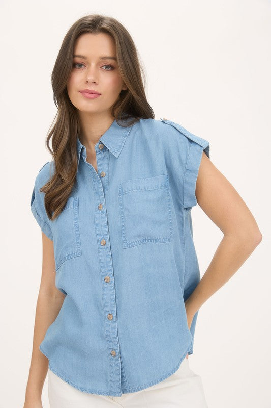 Chambray Collared Blu Top