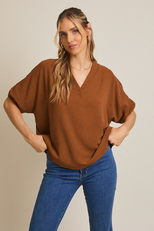 Mocha V-Neck Puff Sleeve