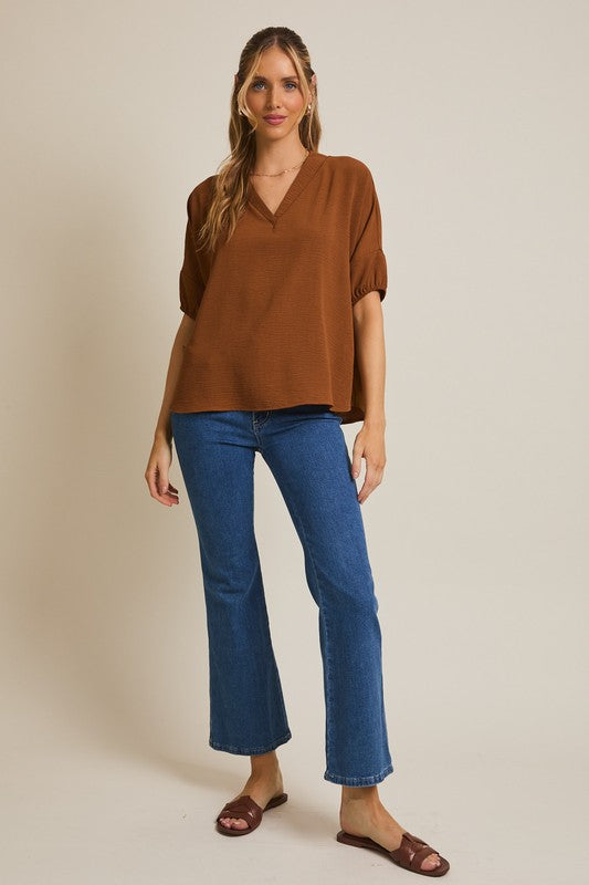 Mocha V-Neck Puff Sleeve