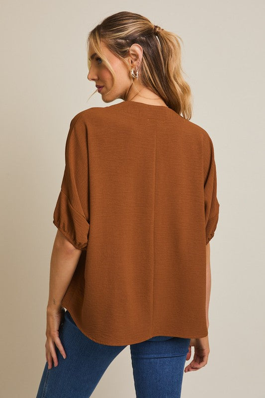 Mocha V-Neck Puff Sleeve