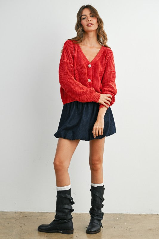 Red V-Neck Ribbed Cadigan
