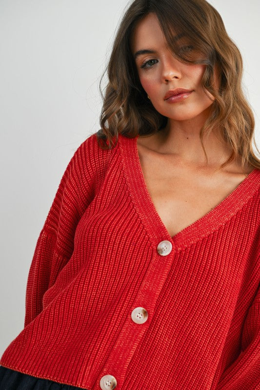 Red V-Neck Ribbed Cadigan