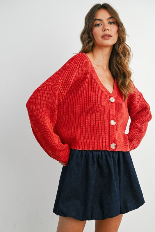 Red V-Neck Ribbed Cadigan