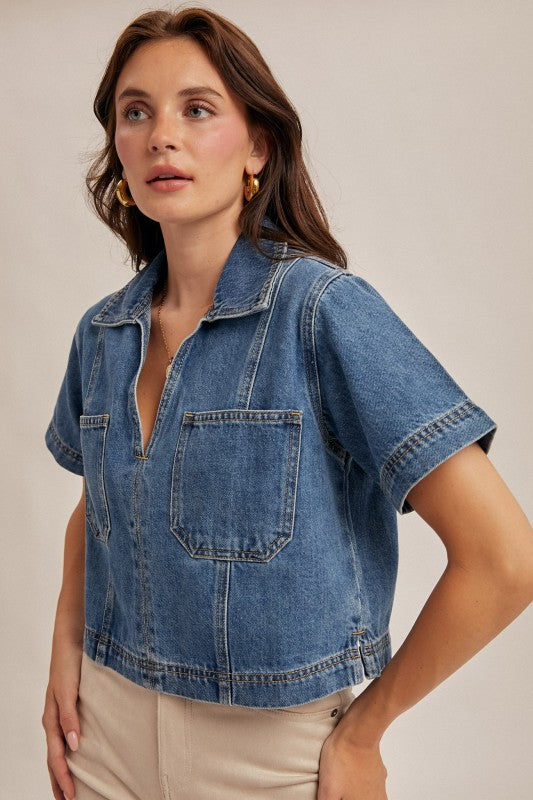 Boxy Denim V-Neck Top
