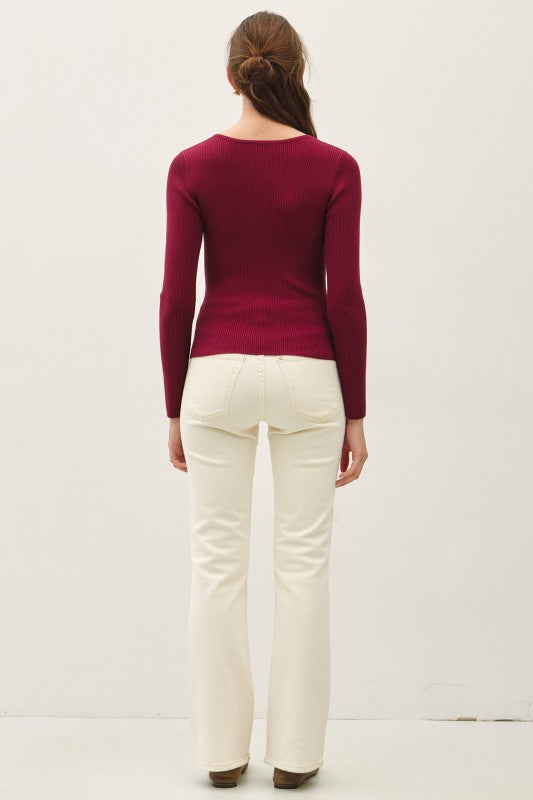 Wine/Oatmeal Ribbed Button Cardi