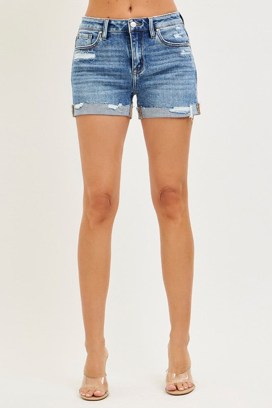 Mid Rise Risen Med Wash Shorts