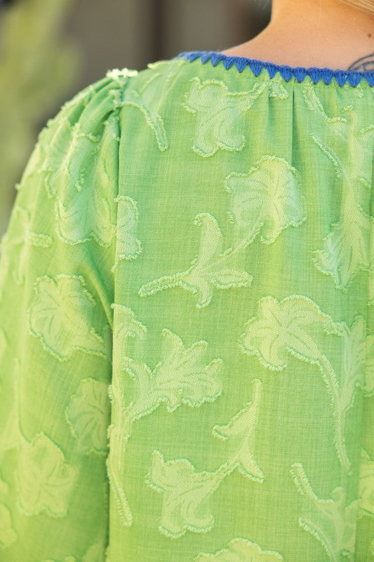 Green Contrast Texture Floral Top