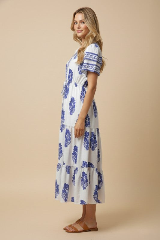 Blue Block Print Midi Dress