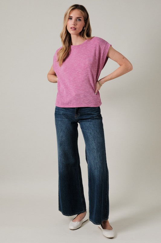 Magenta Drop Shoulder Ribbed Top