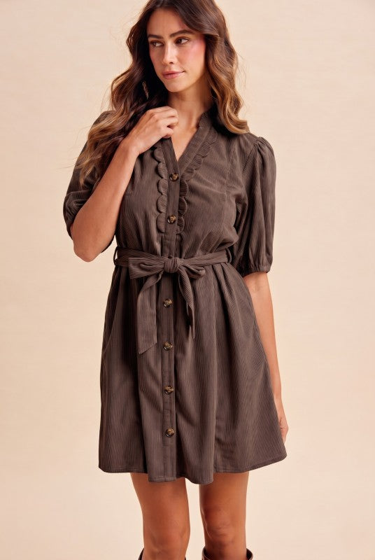 Chocolate Belted Scalloped Dress