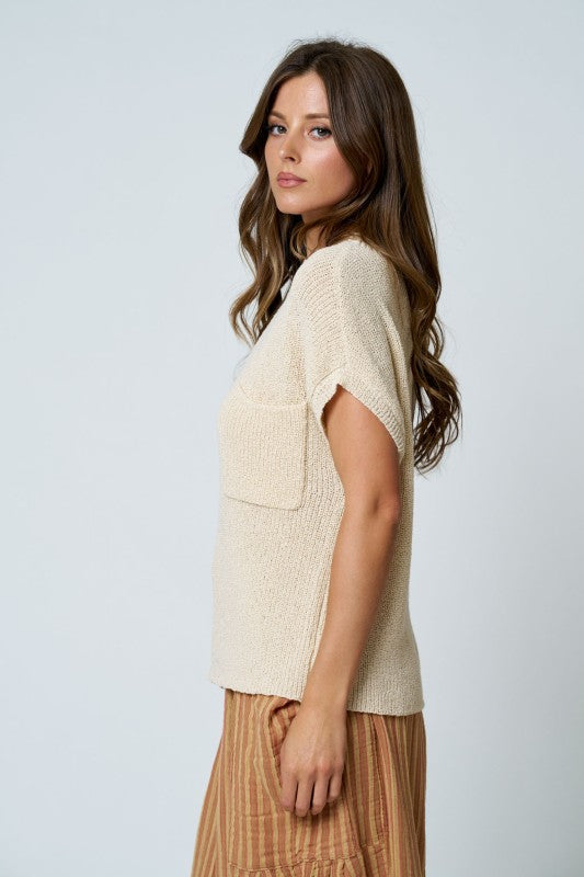 Oatmeal Pocket Short Sleeve Sweater