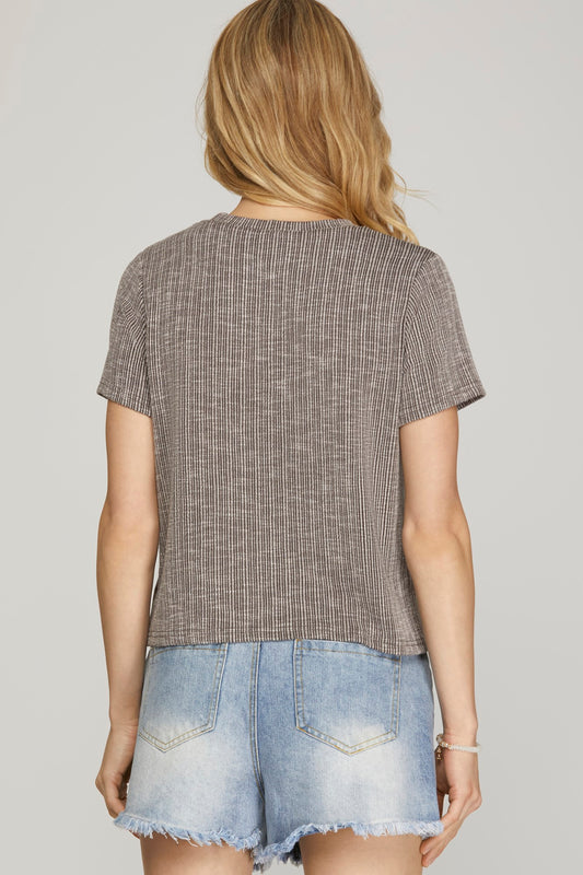 Mocha Grey Ribbed Knit Short Sleeve