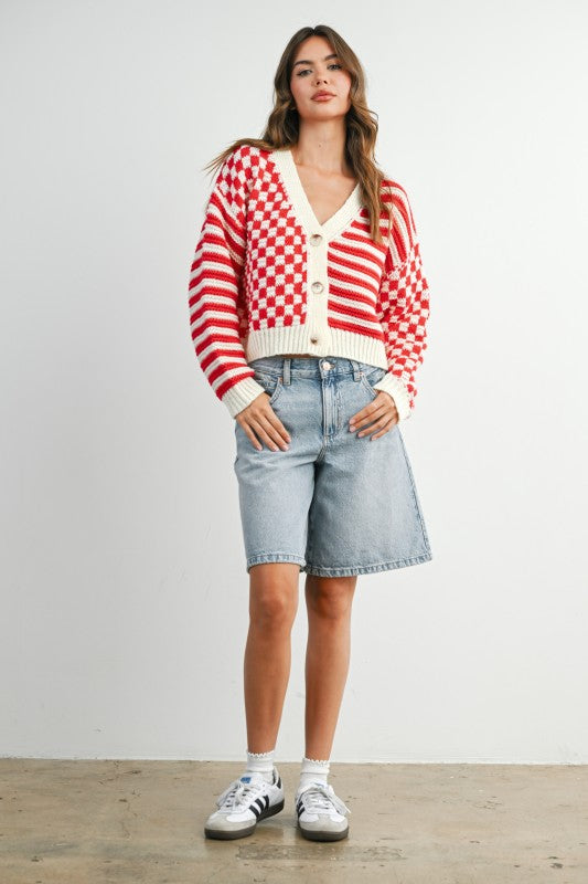 Ivory/Raspberry Striped Cardi