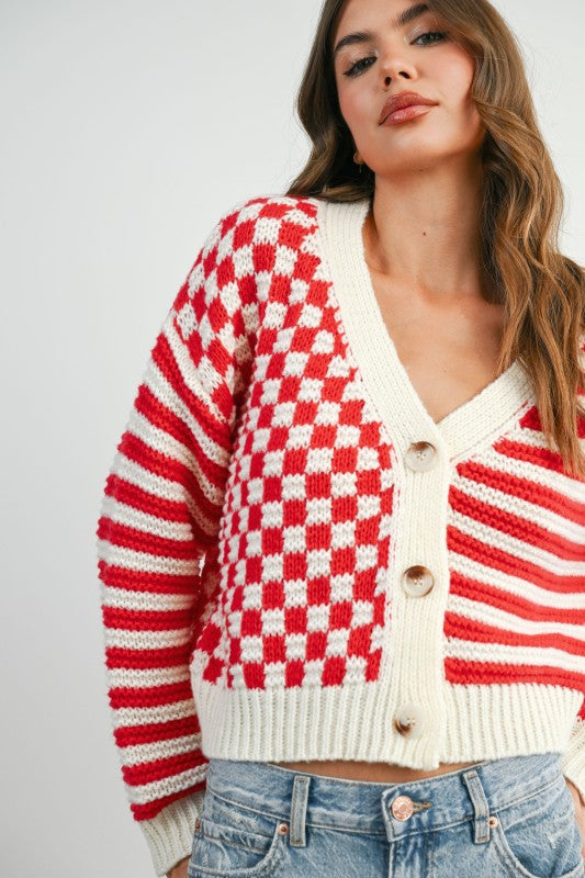 Ivory/Raspberry Striped Cardi