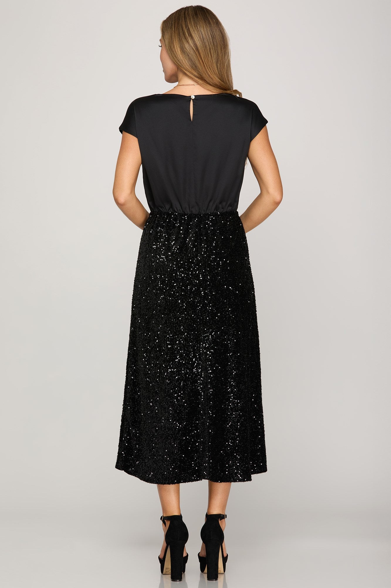Black V-Neck Sequin Dress