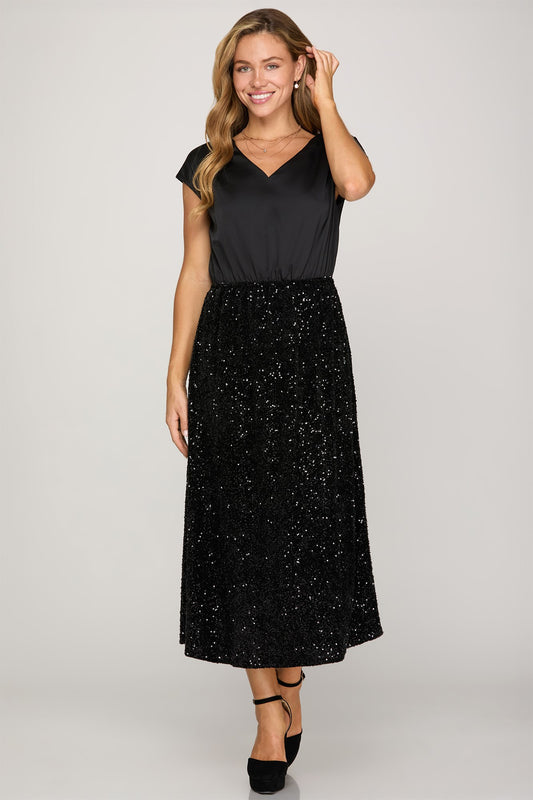 Black V-Neck Sequin Dress