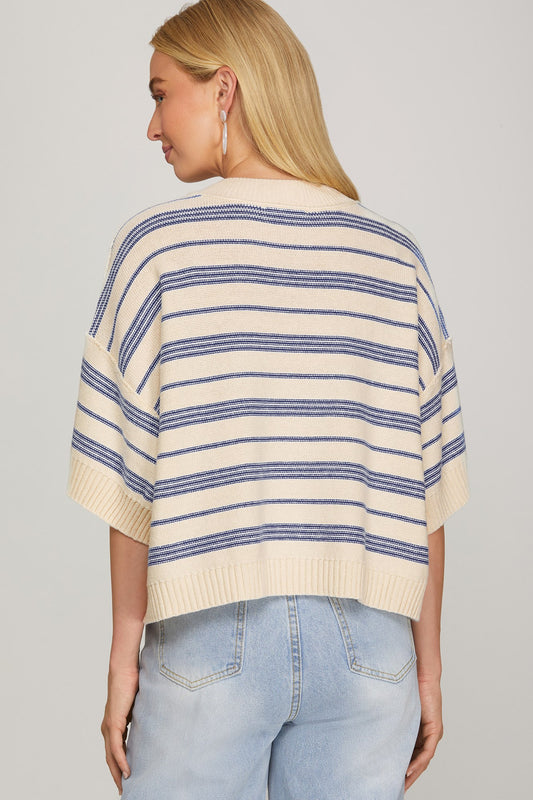 Blue Striped Short Sleeve Sweater