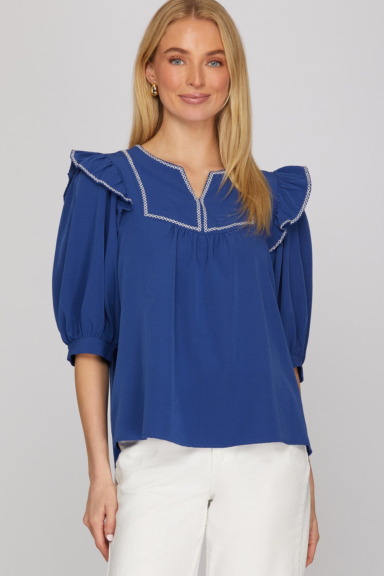 Blue White Seam Ruffle Top