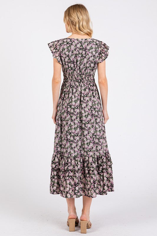 Black Floral Print Ruffle Dress