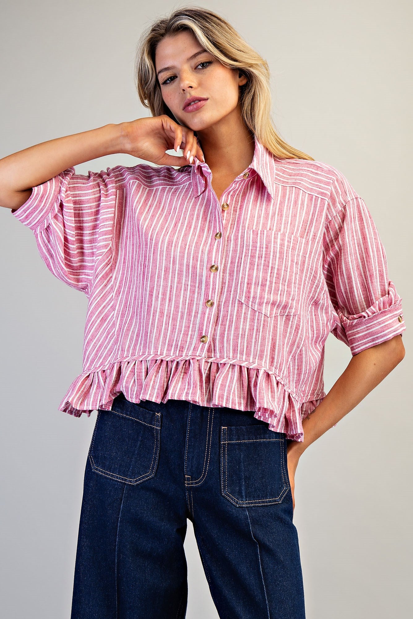 Raspberry Striped Ruffle Shirt