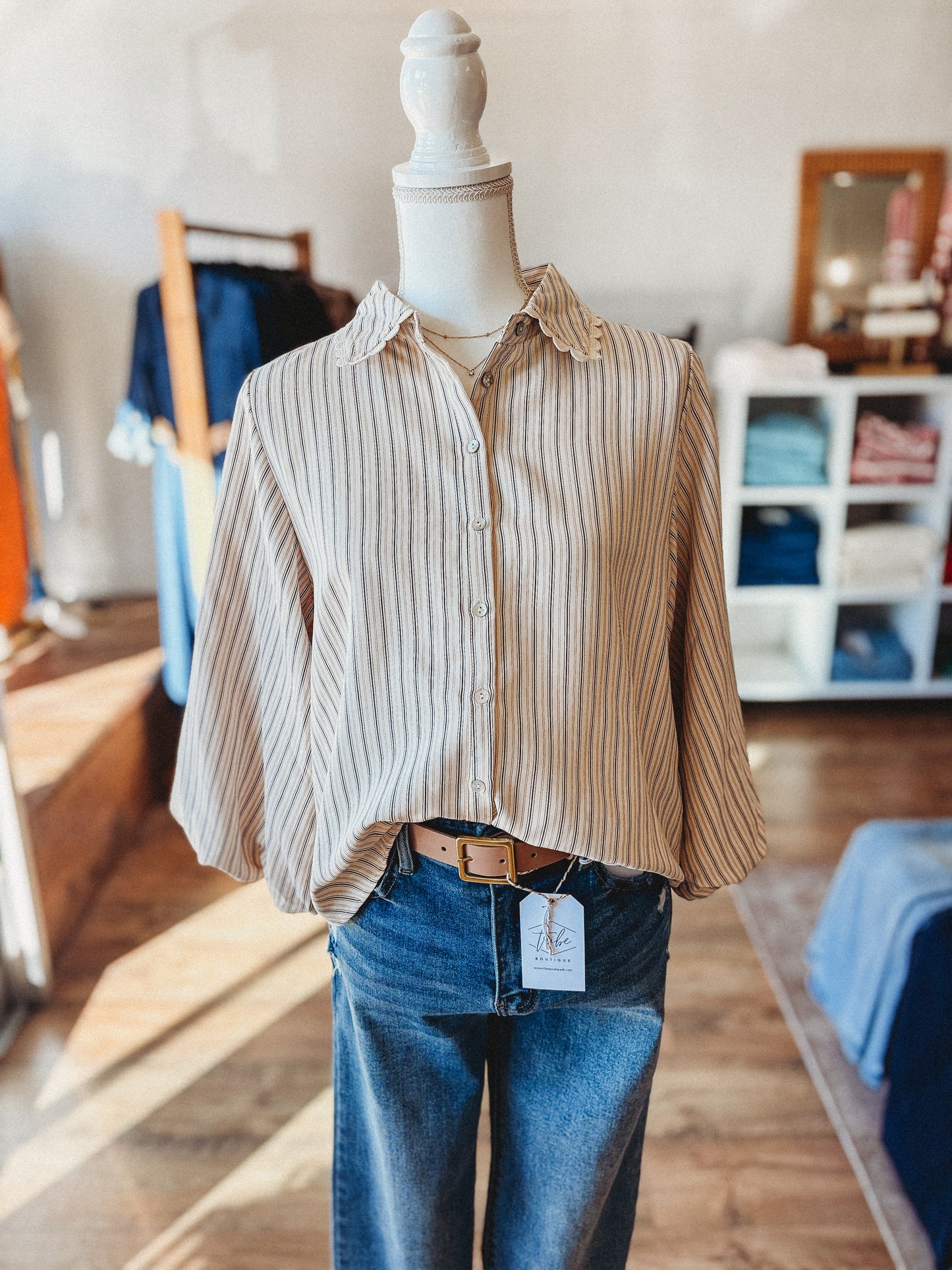 Cream Striped Puff Sleeve Top