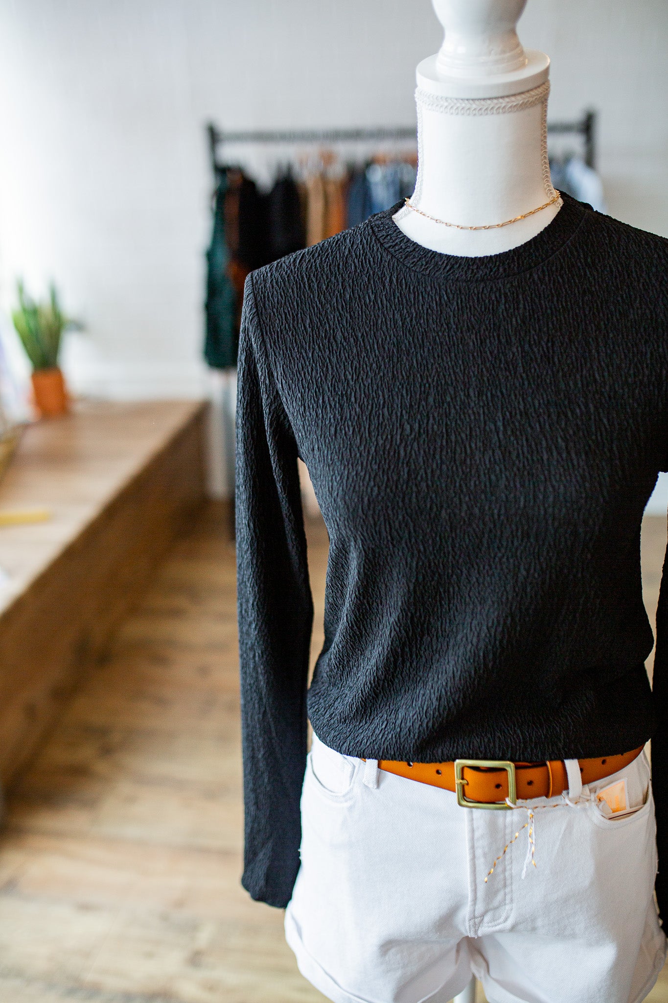 Black Textured Basic Long Sleeve