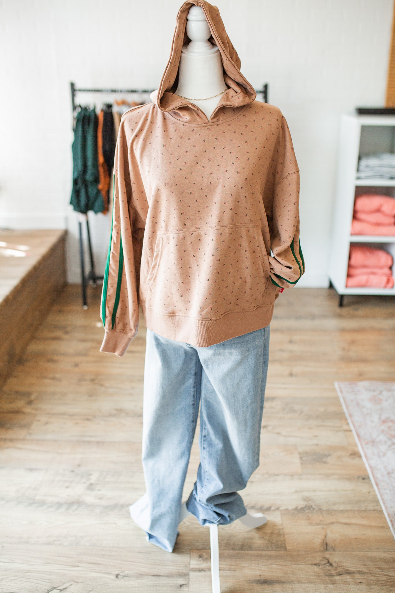 Floral Print Green Stripe Hoodie
