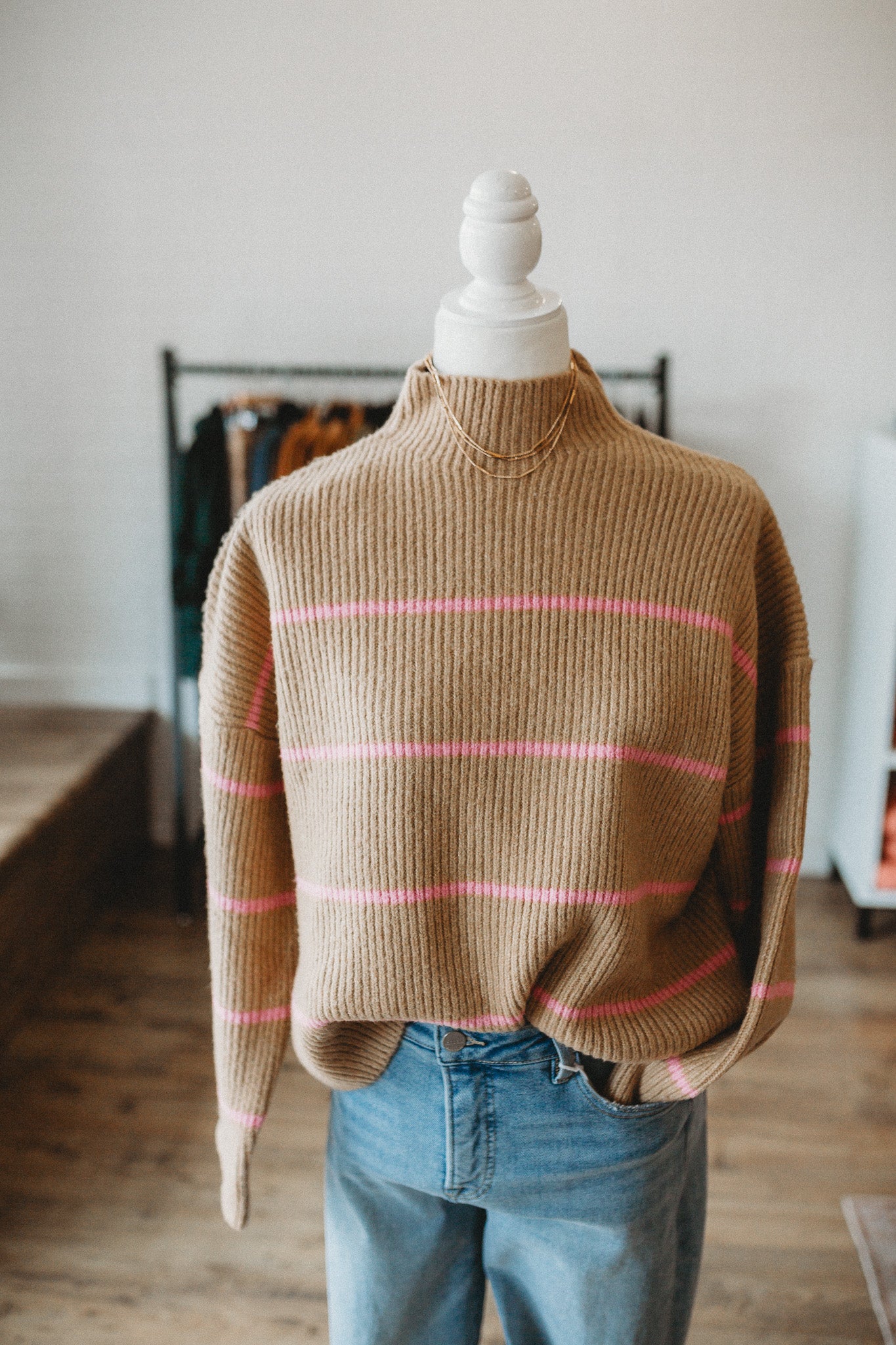 Taupe/Pink Mock Neck Sweater