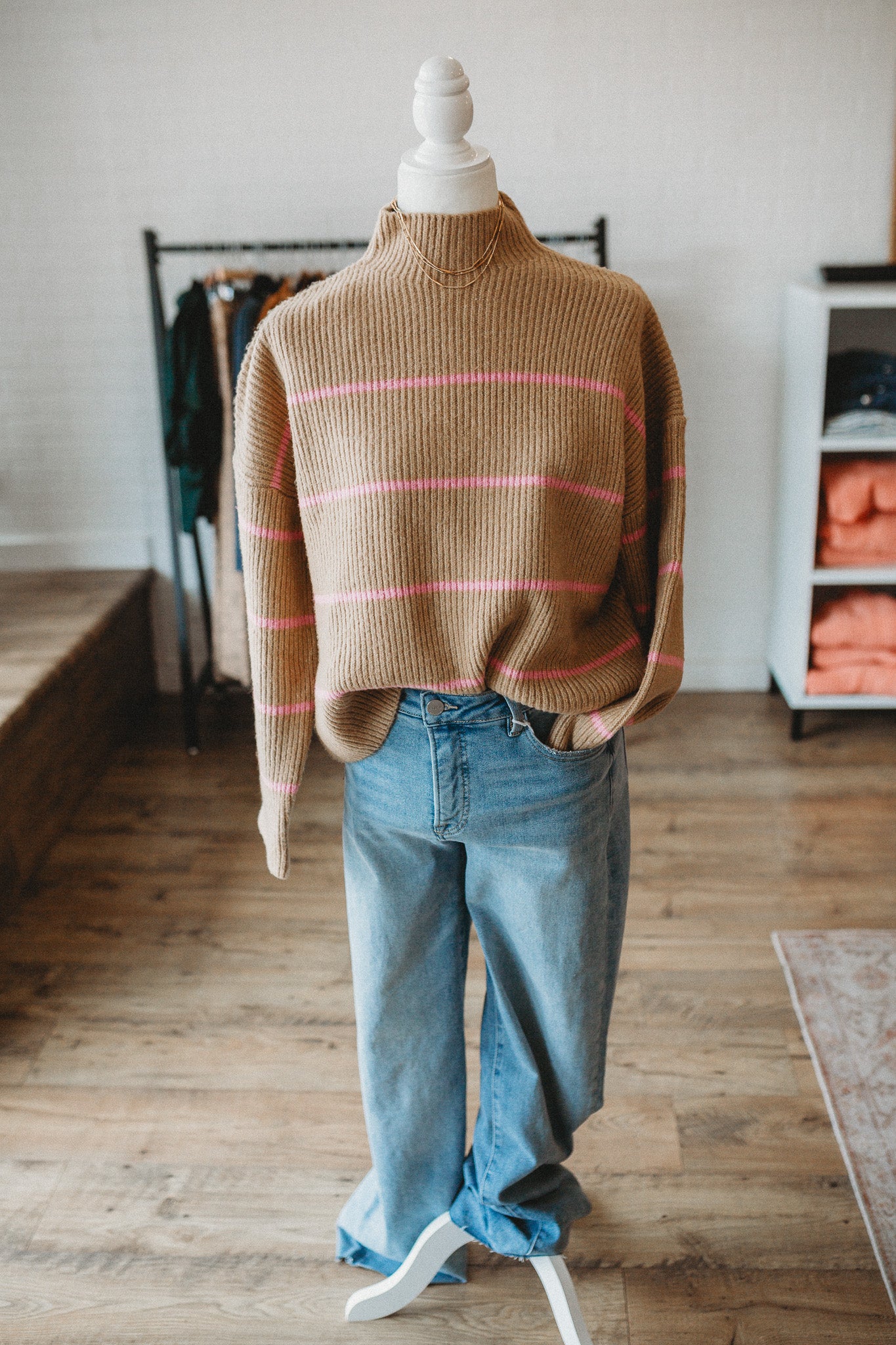 Taupe/Pink Mock Neck Sweater