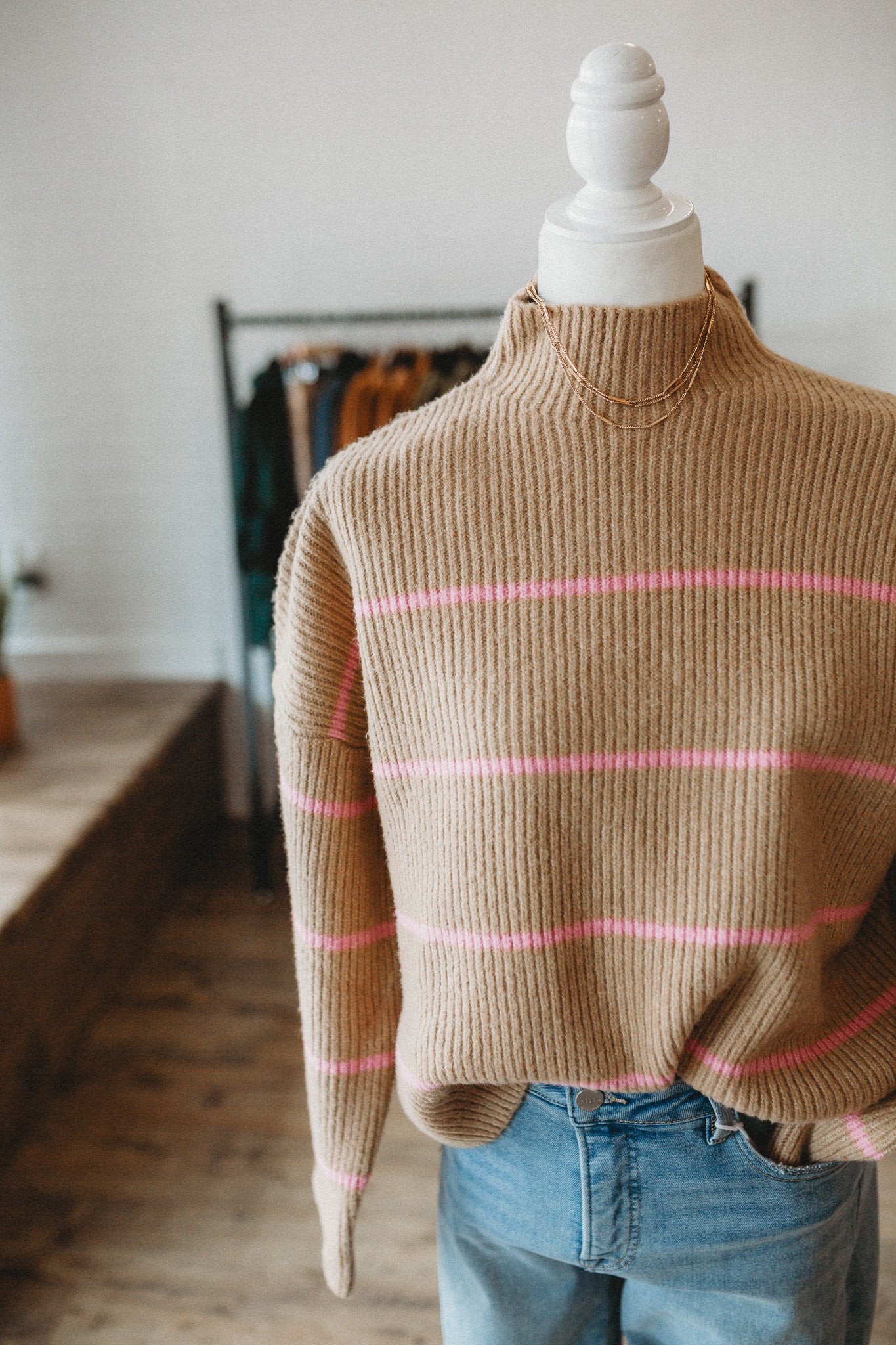 Taupe/Pink Mock Neck Sweater