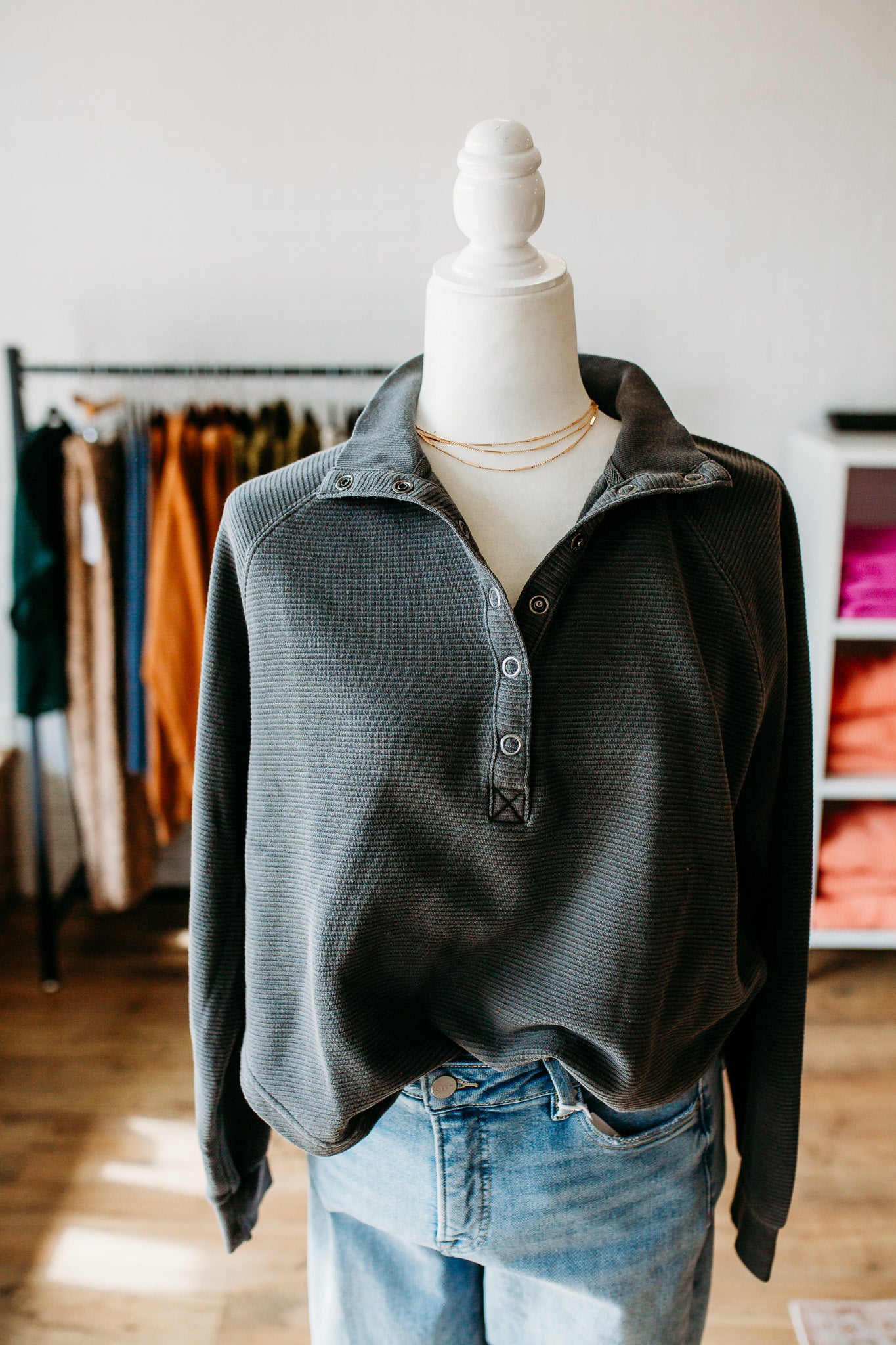 Charcoal Mock Neck Button