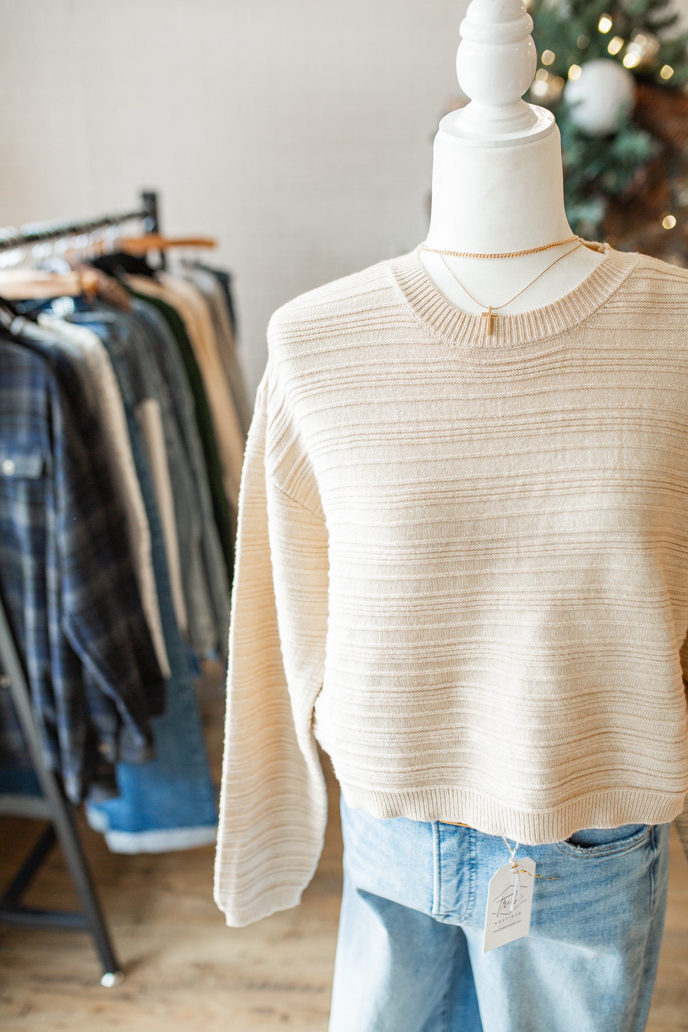 Taupe Textured Crew Sweater