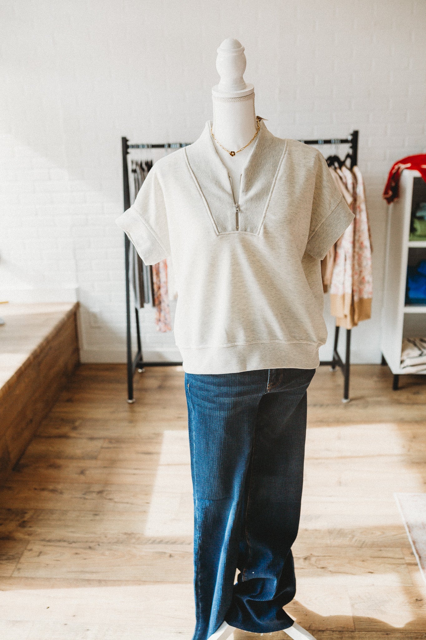 Melange V-Neck Zip Top