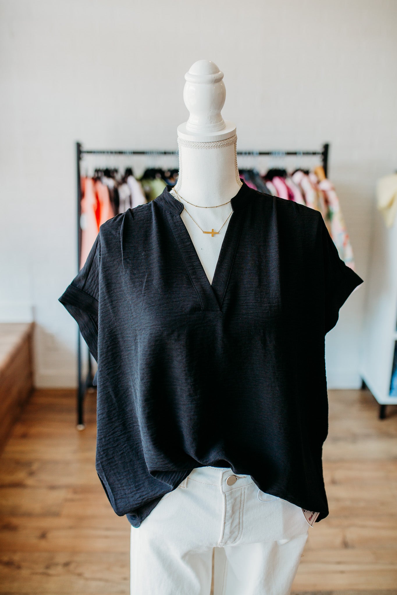 Black Crinkle V-Neck