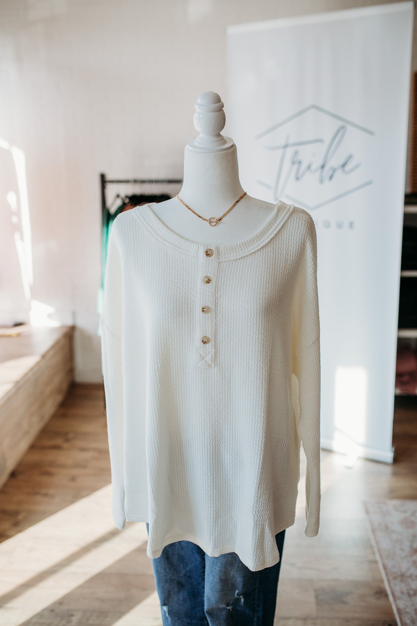 Cream Waffle Knit Henley Curve