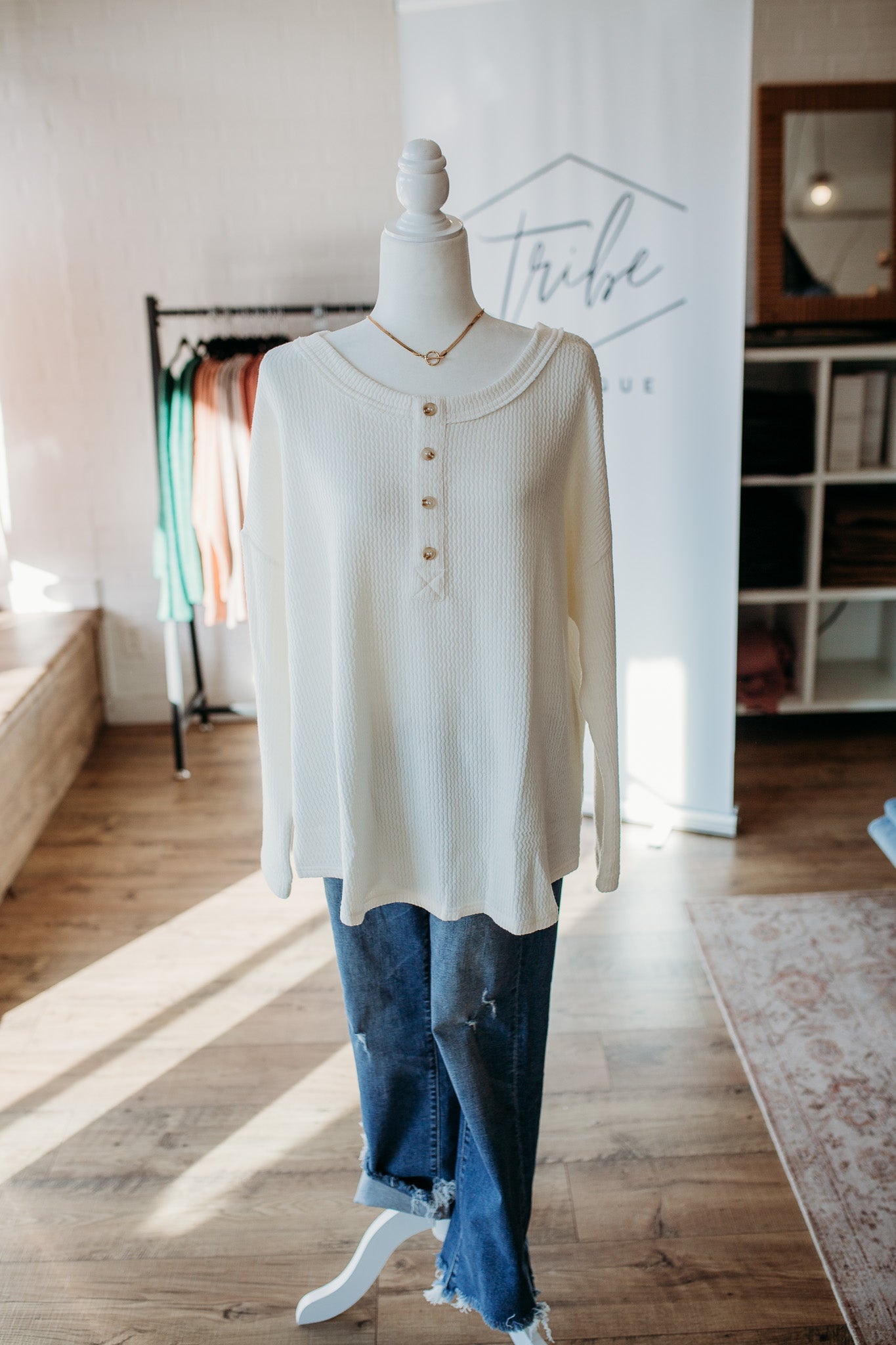 Cream Waffle Knit Henley Curve