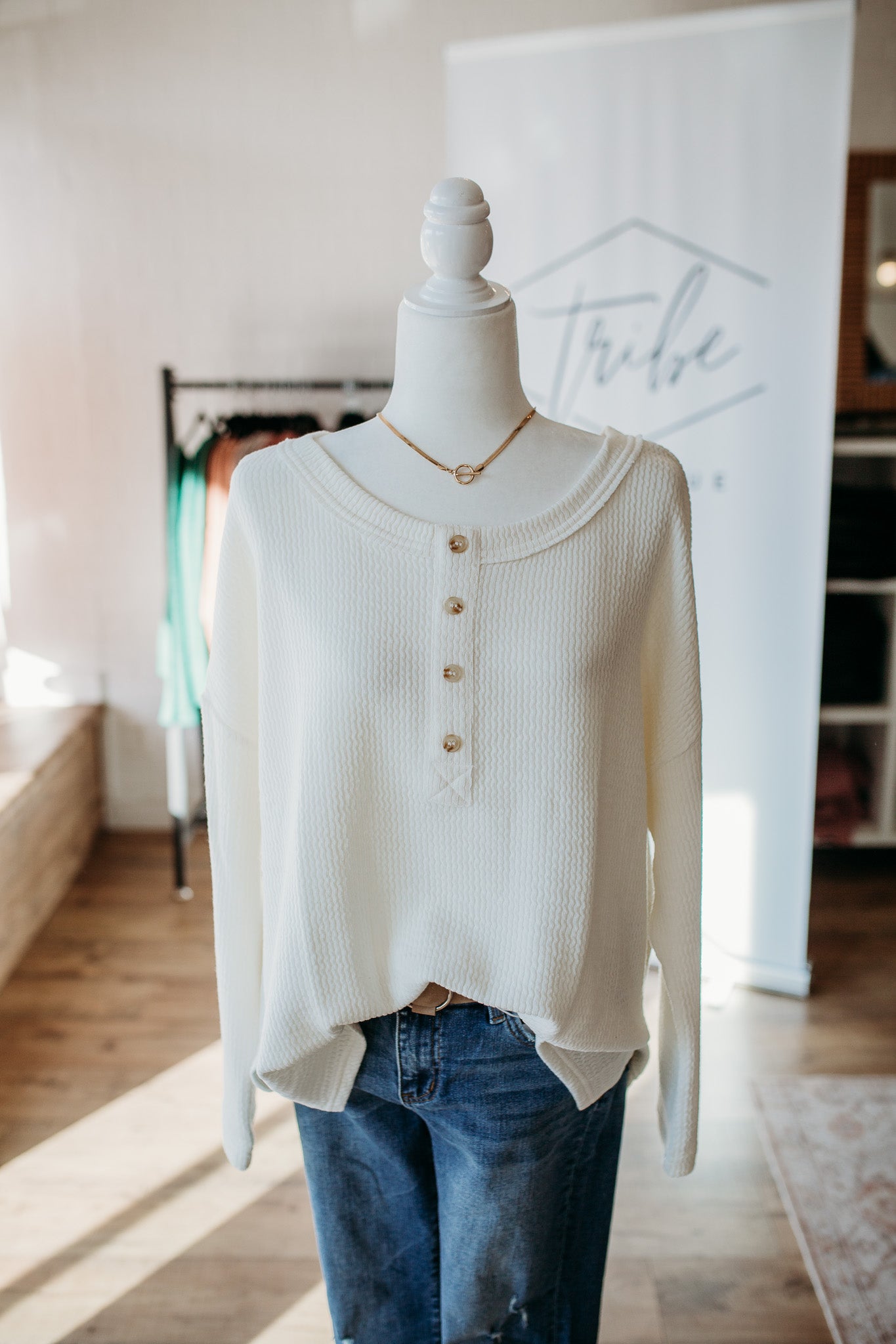 Cream Waffle Knit Henley Curve