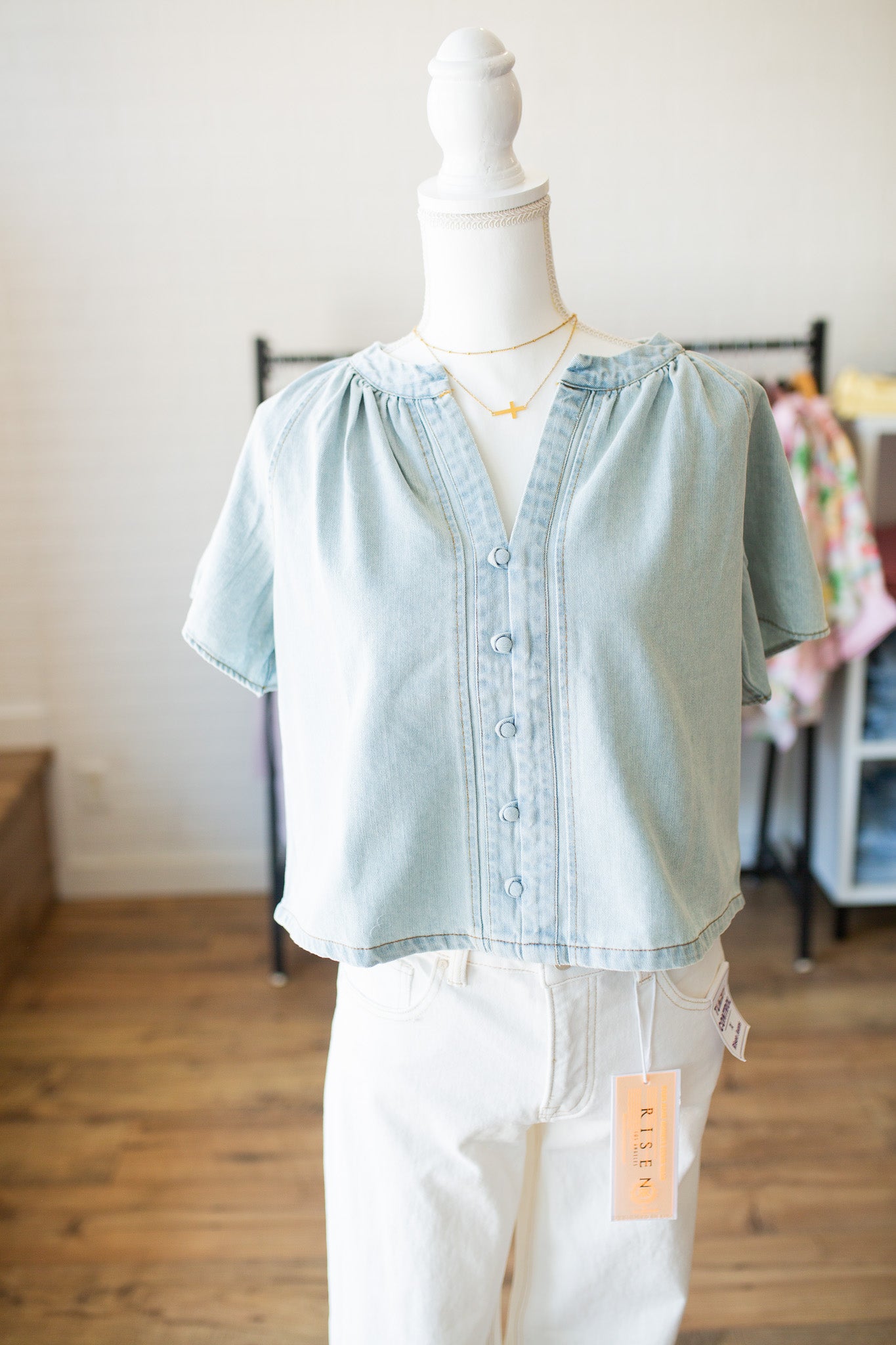Washed Denim VNotch Blouse