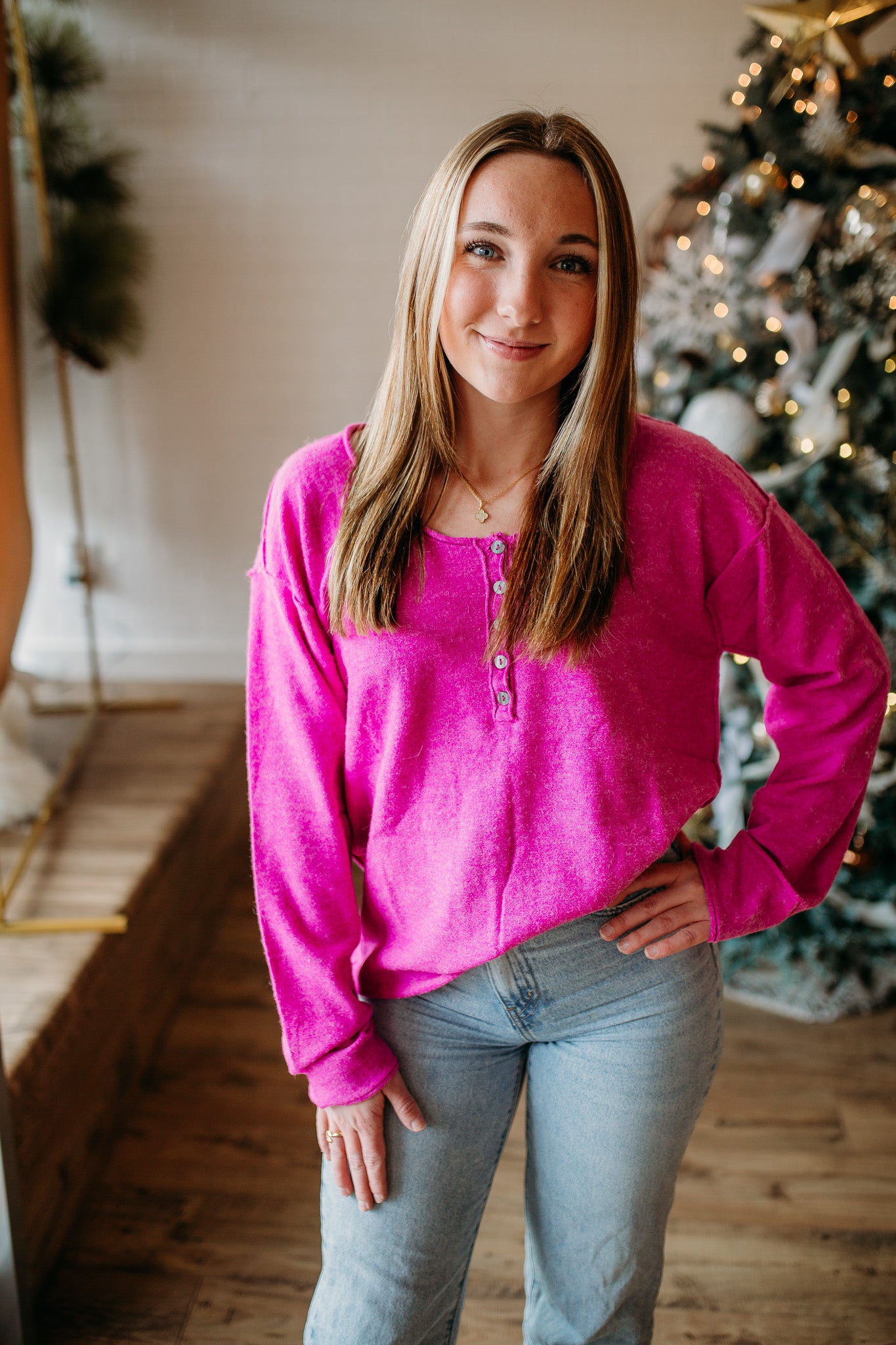 Hot Pink Sweater Henley