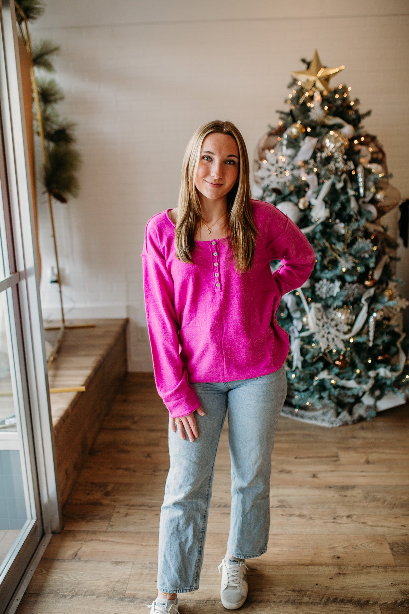 Hot Pink Sweater Henley