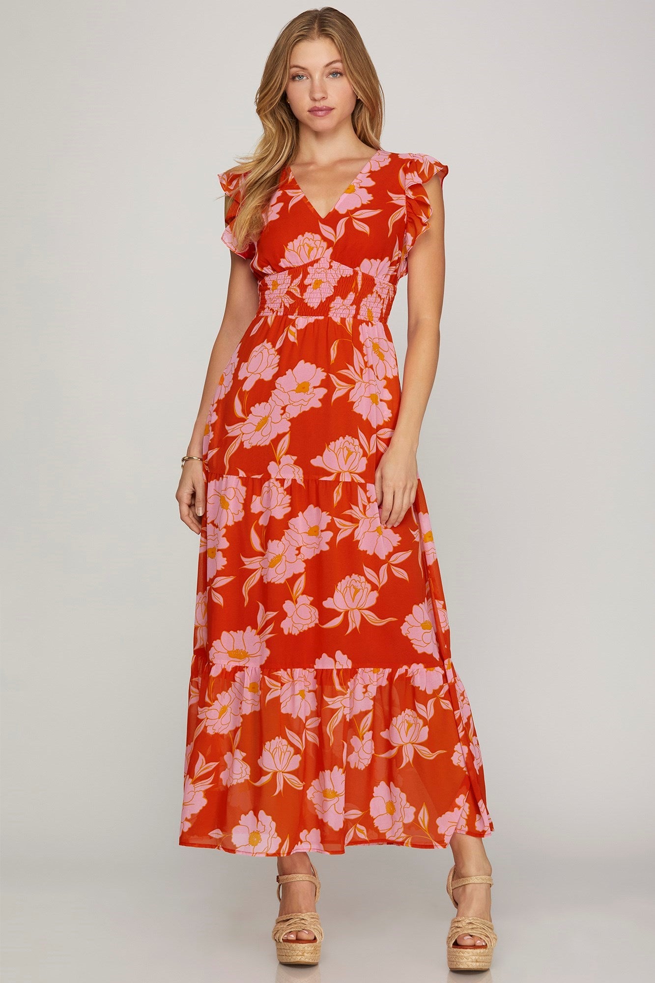 Red Floral Print Chiffon Dress