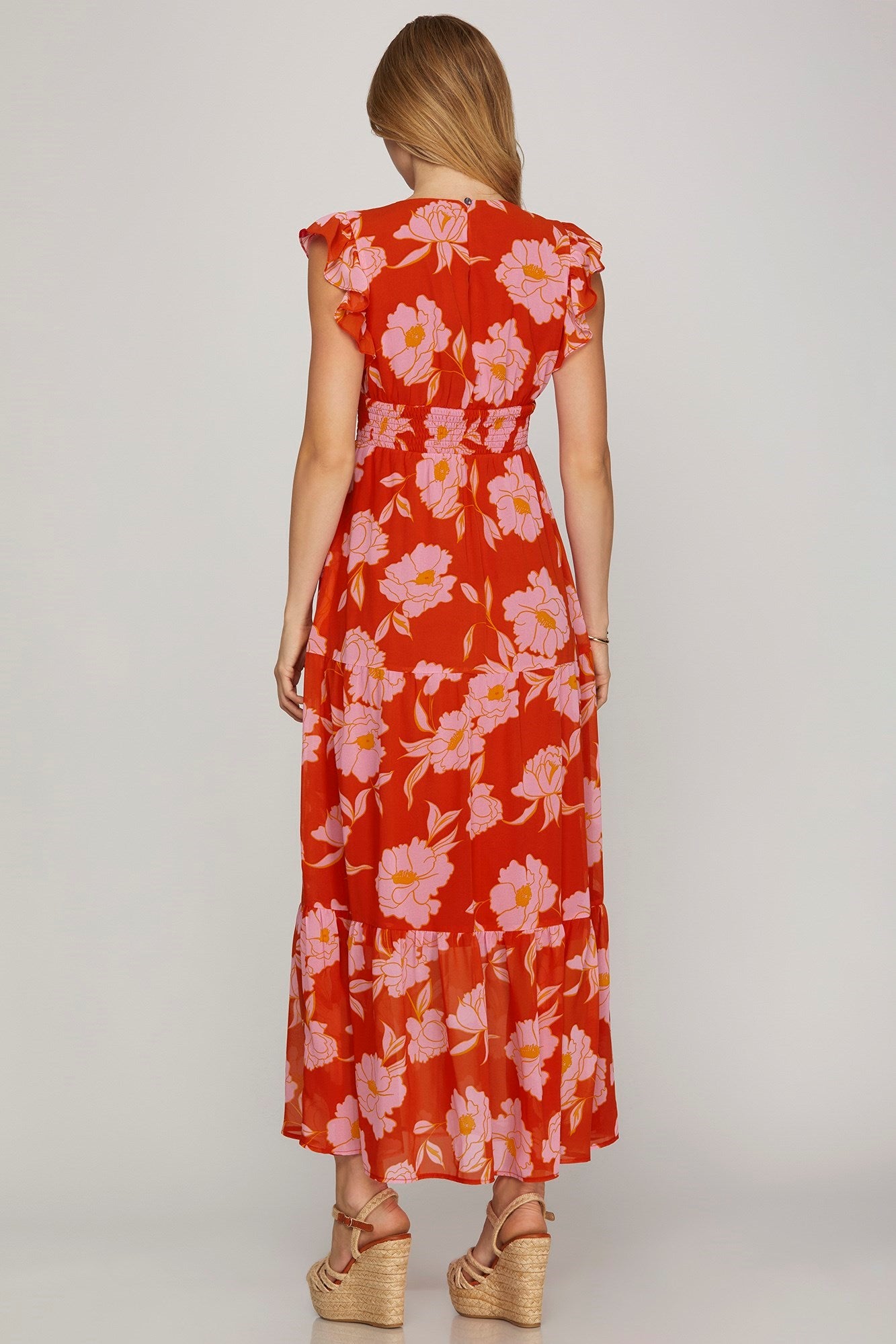 Red Floral Print Chiffon Dress