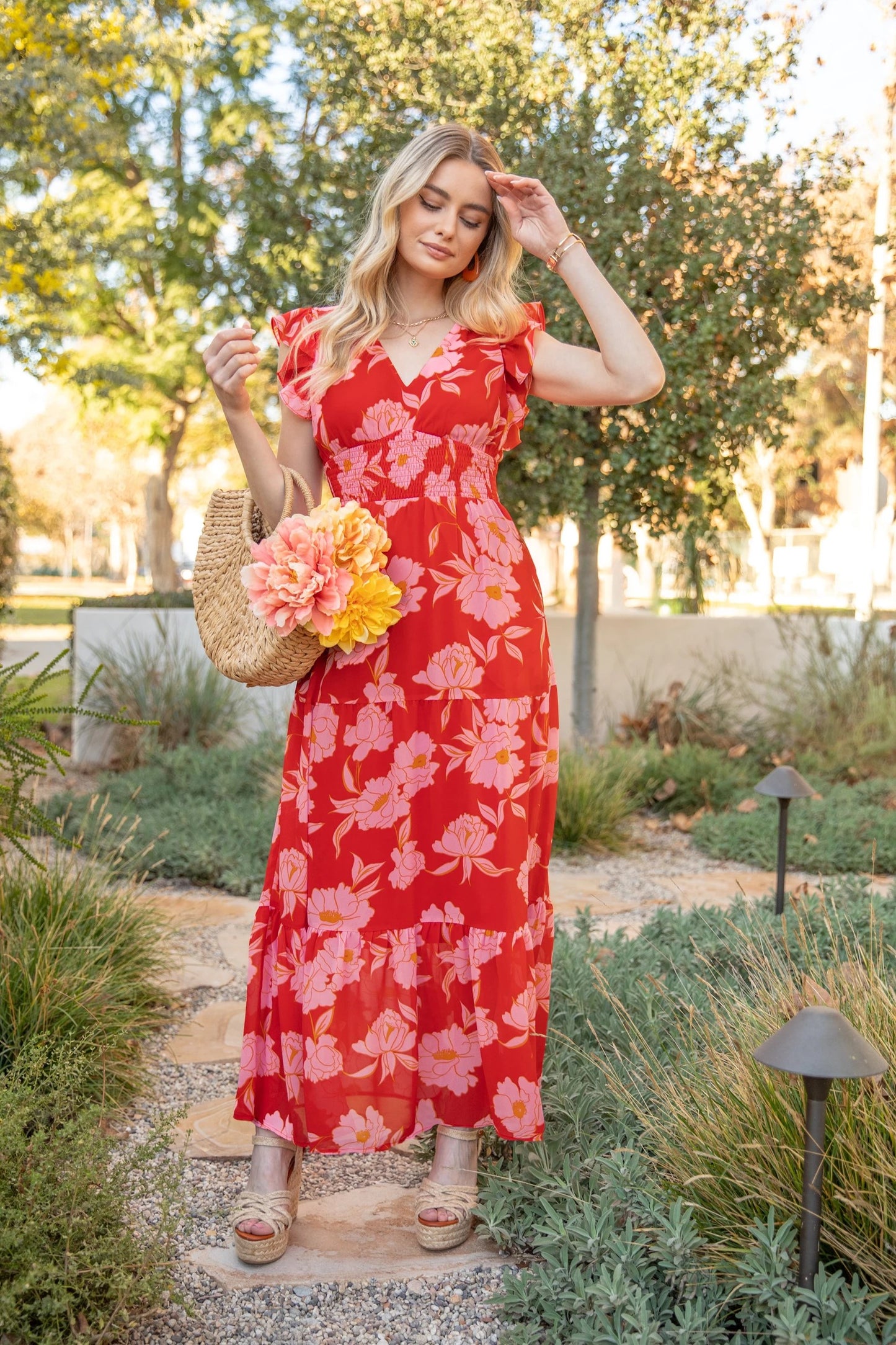 Red Floral Print Chiffon Dress